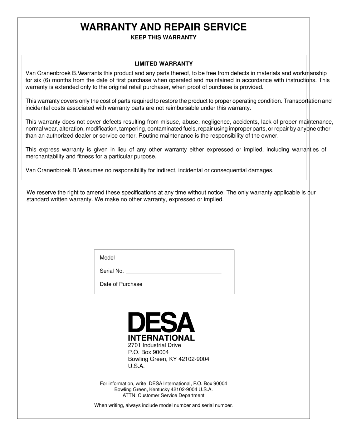 Desa BLP35E owner manual Warranty and Repair Service, Keep this Warranty Limited Warranty 