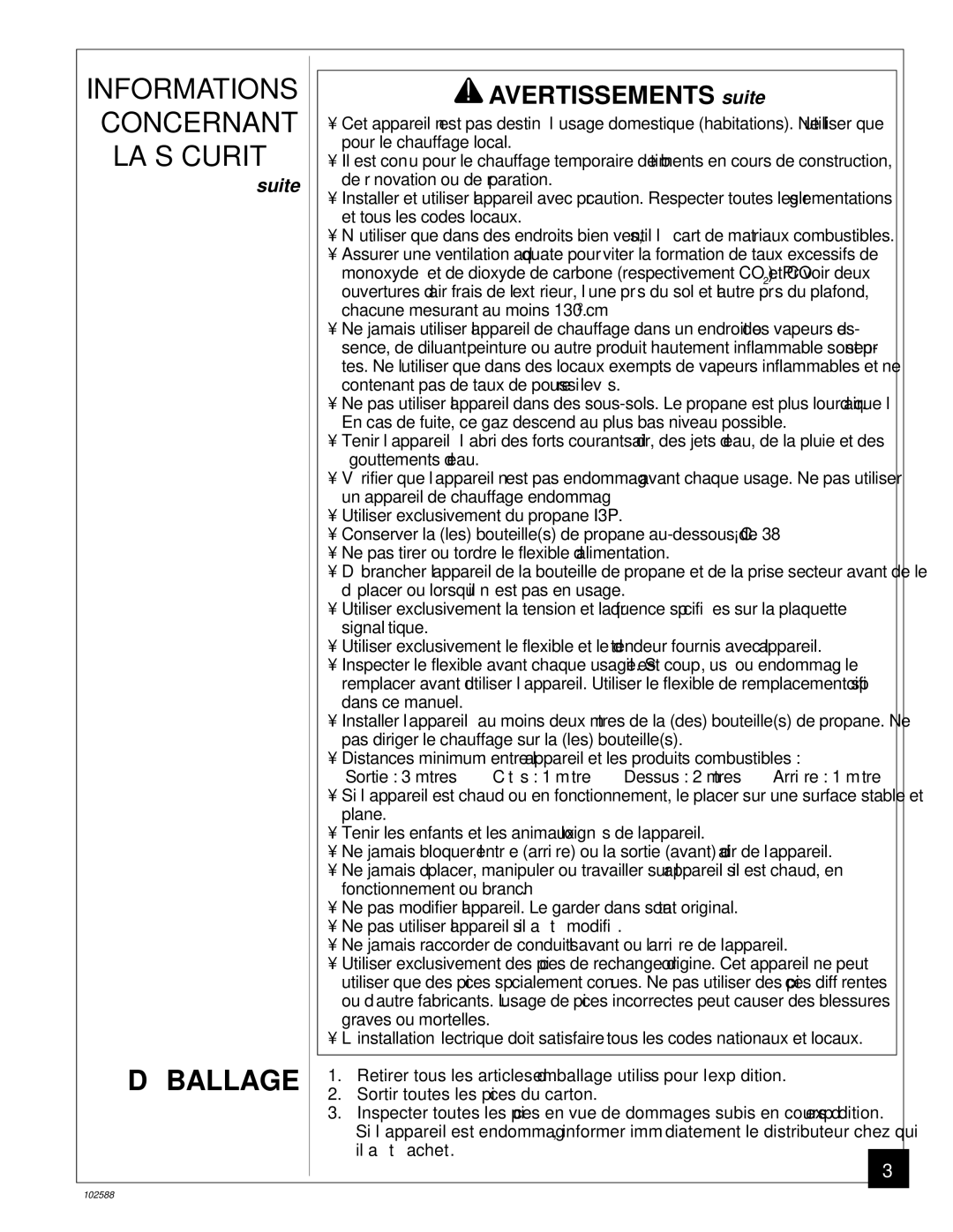 Desa BLP35E owner manual DÉ Ballage, Avertissements suite 