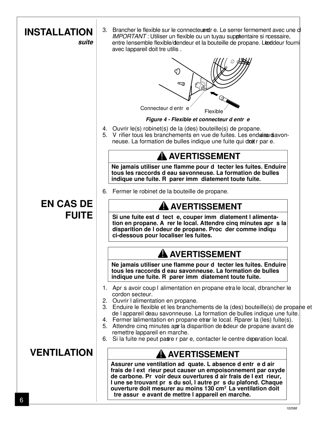 Desa BLP35E owner manual EN CAS DE Fuite Ventilation, Flexible et connecteur d’entré e 