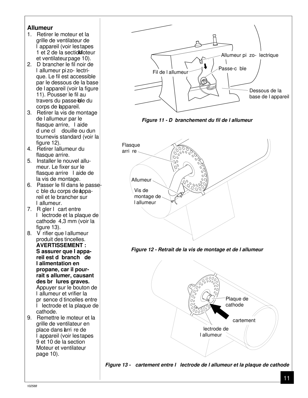 Desa BLP35E owner manual Allumeur, Dé branchement du fil de l’allumeur 