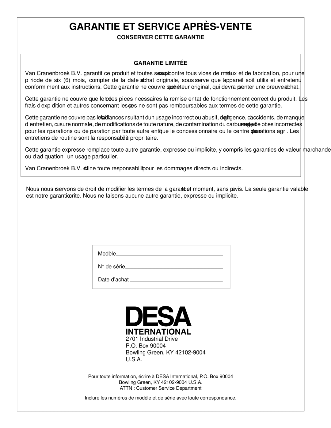 Desa BLP35E owner manual Garantie ET Service Aprè S-VENTE, Conserver Cette Garantie Garantie Limité E 