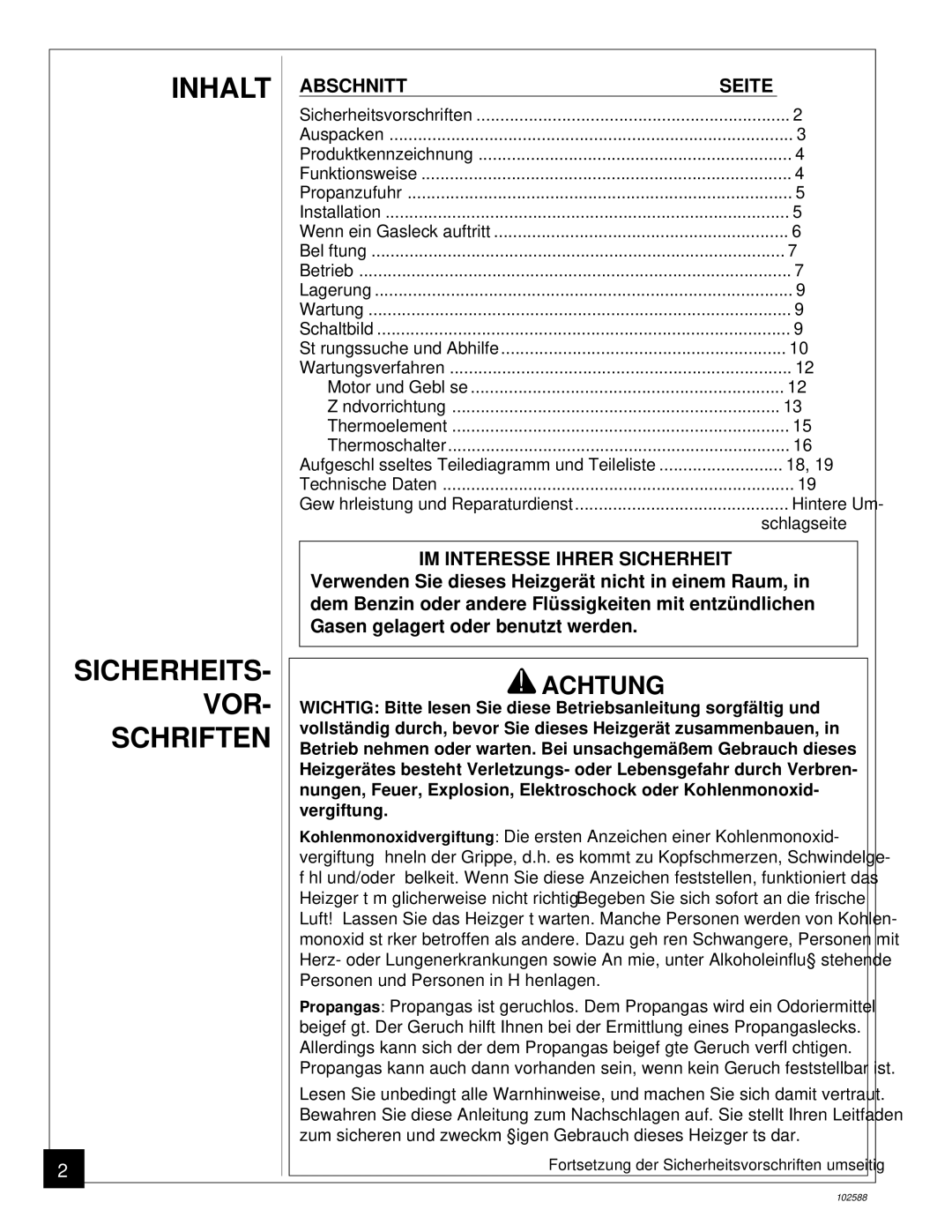 Desa BLP35E owner manual Inhalt SICHERHEITS- VOR Schriften, Achtung 