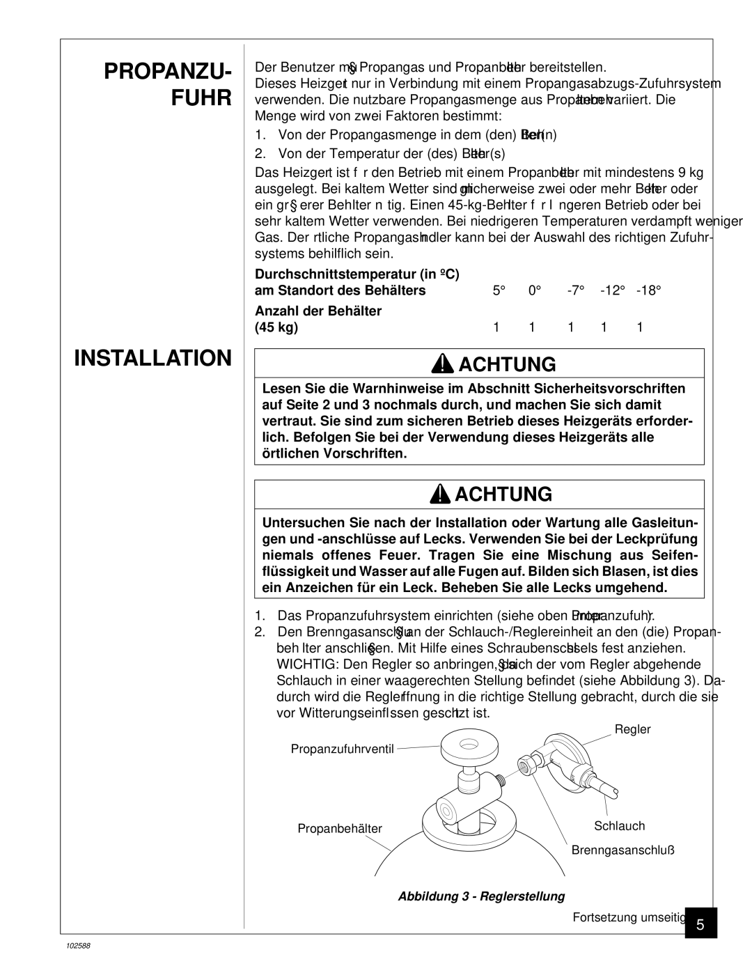 Desa BLP35E owner manual PROPANZU- Fuhr Installation, Achtung 