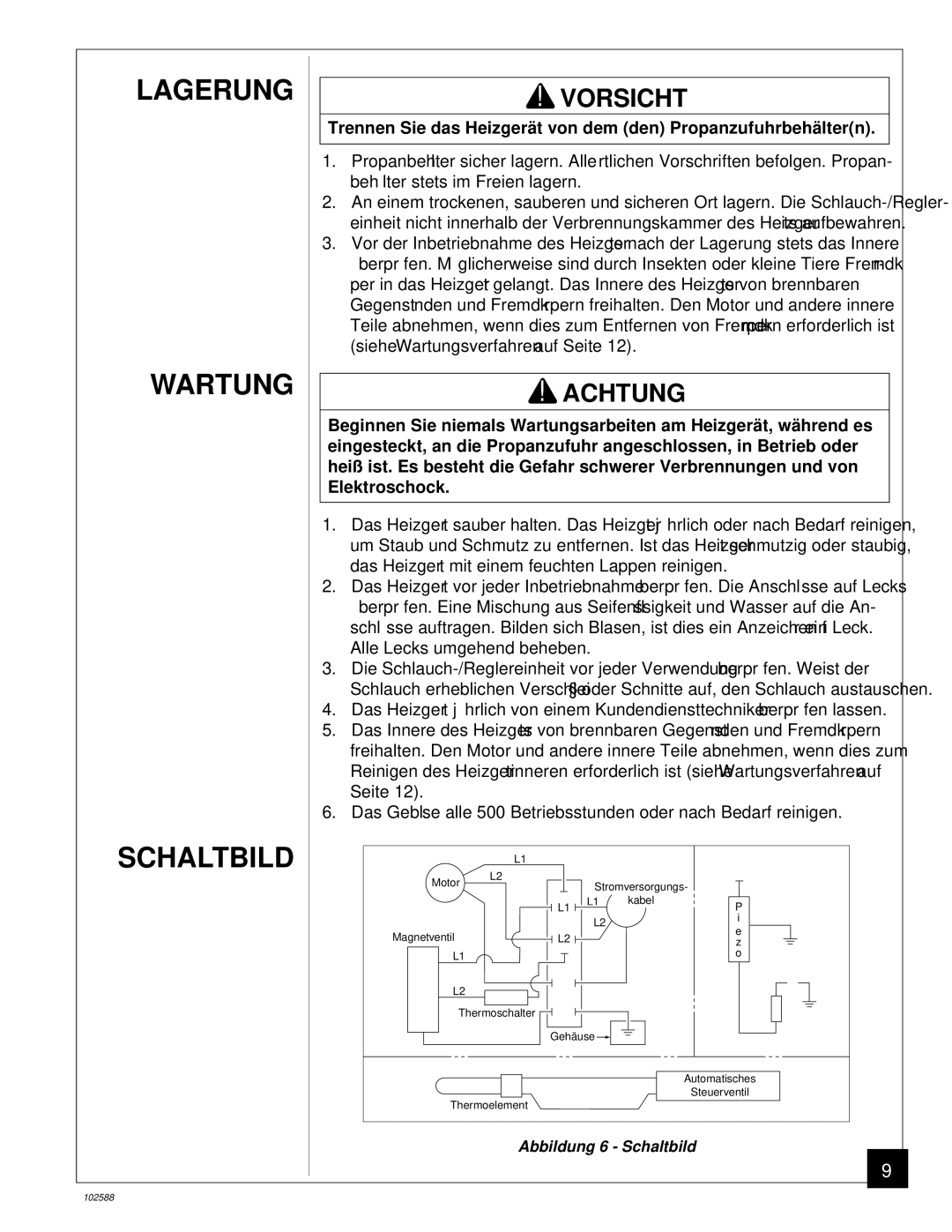 Desa BLP35E owner manual Lagerung Wartung Schaltbild, Vorsicht 