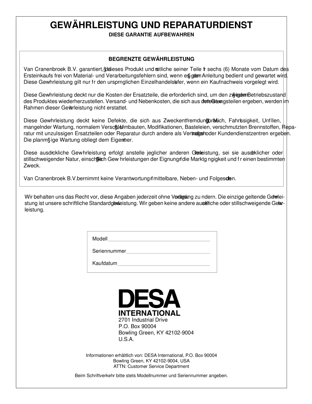 Desa BLP35E owner manual Gewä Hrleistung UND Reparaturdienst, Begrenzte Gewä Hrleistung 