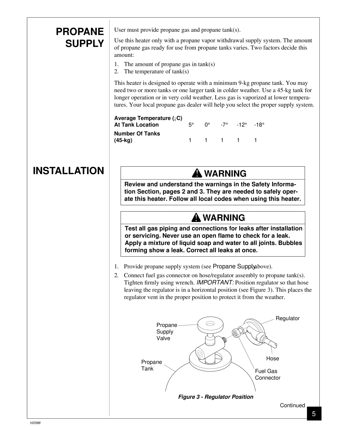 Desa BLP35E owner manual Propane Supply Installation, Regulator Position 