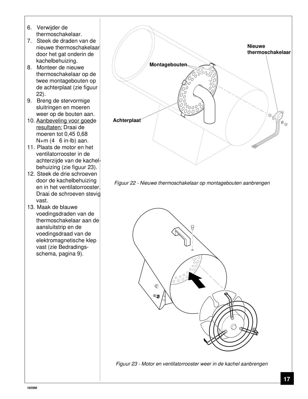 Desa BLP35E owner manual Nieuwe thermoschakelaar Montagebouten Achterplaat 