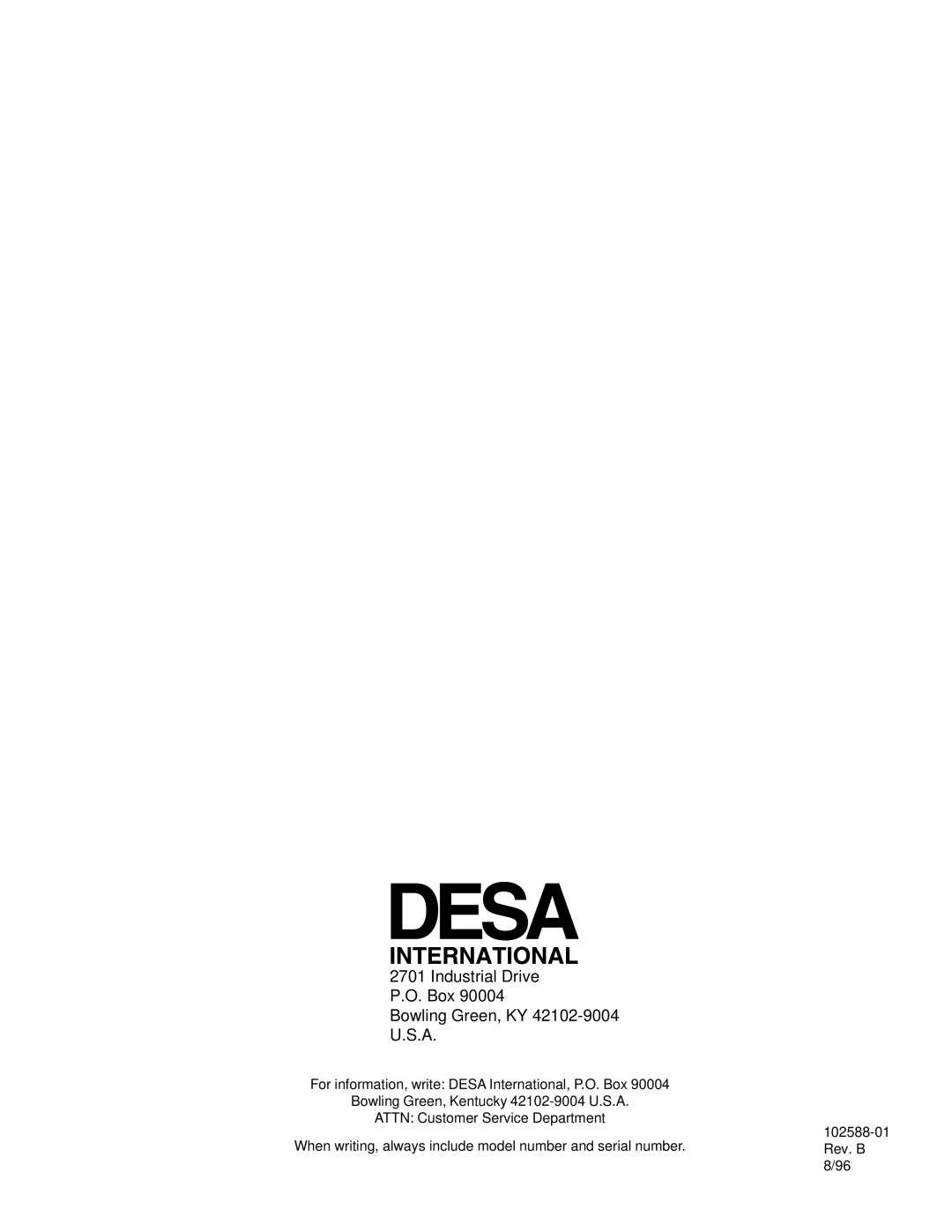 Desa BLP35E owner manual Industrial Drive Box Bowling Green, KY 