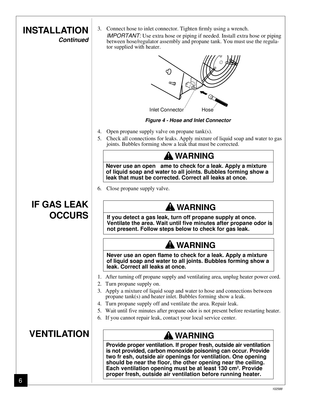 Desa BLP35E owner manual Ventilation, Hose and Inlet Connector 