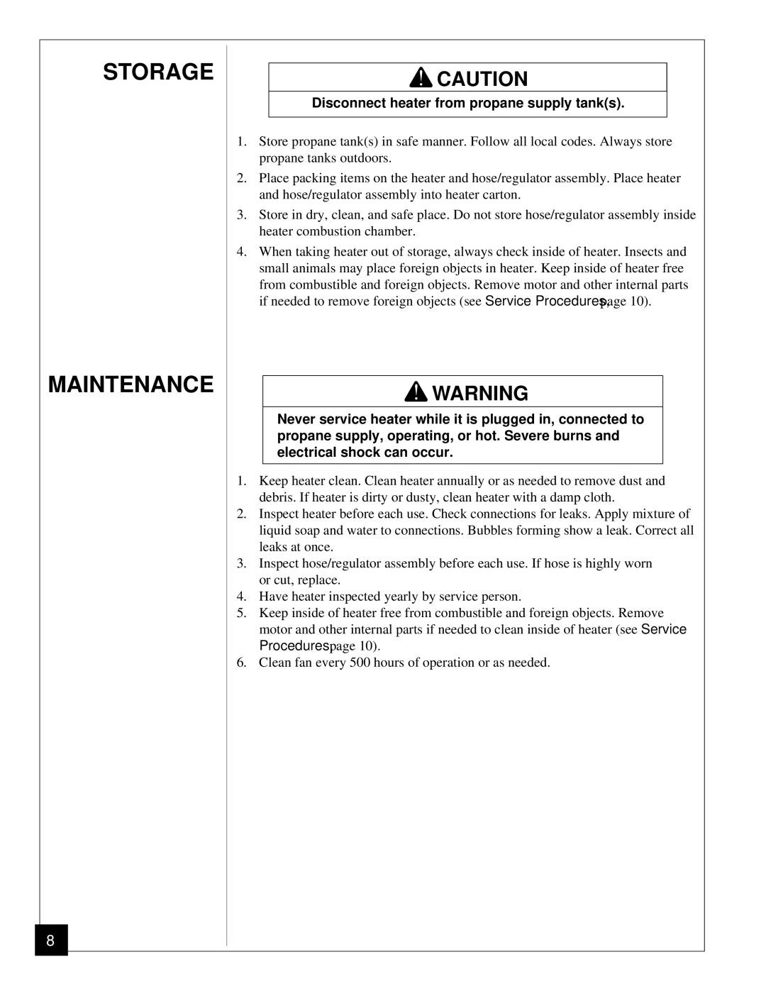 Desa BLP35ES owner manual Storage Maintenance, Disconnect heater from propane supply tanks 