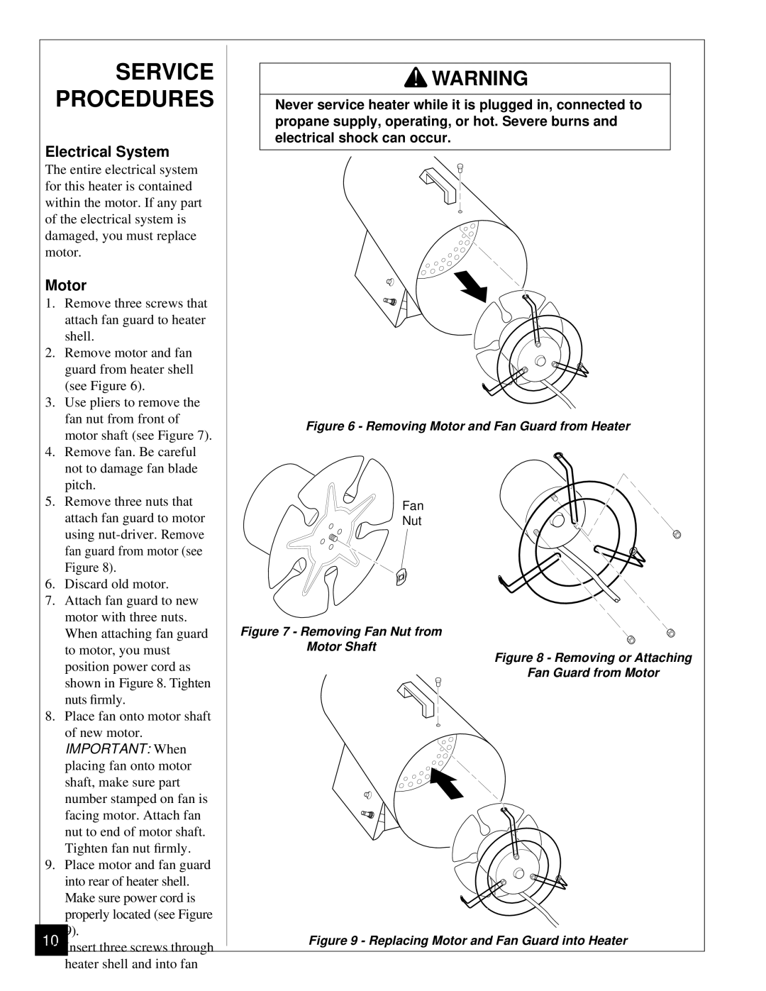 Desa BLP35ES owner manual Service Procedures, Electrical System, Motor 