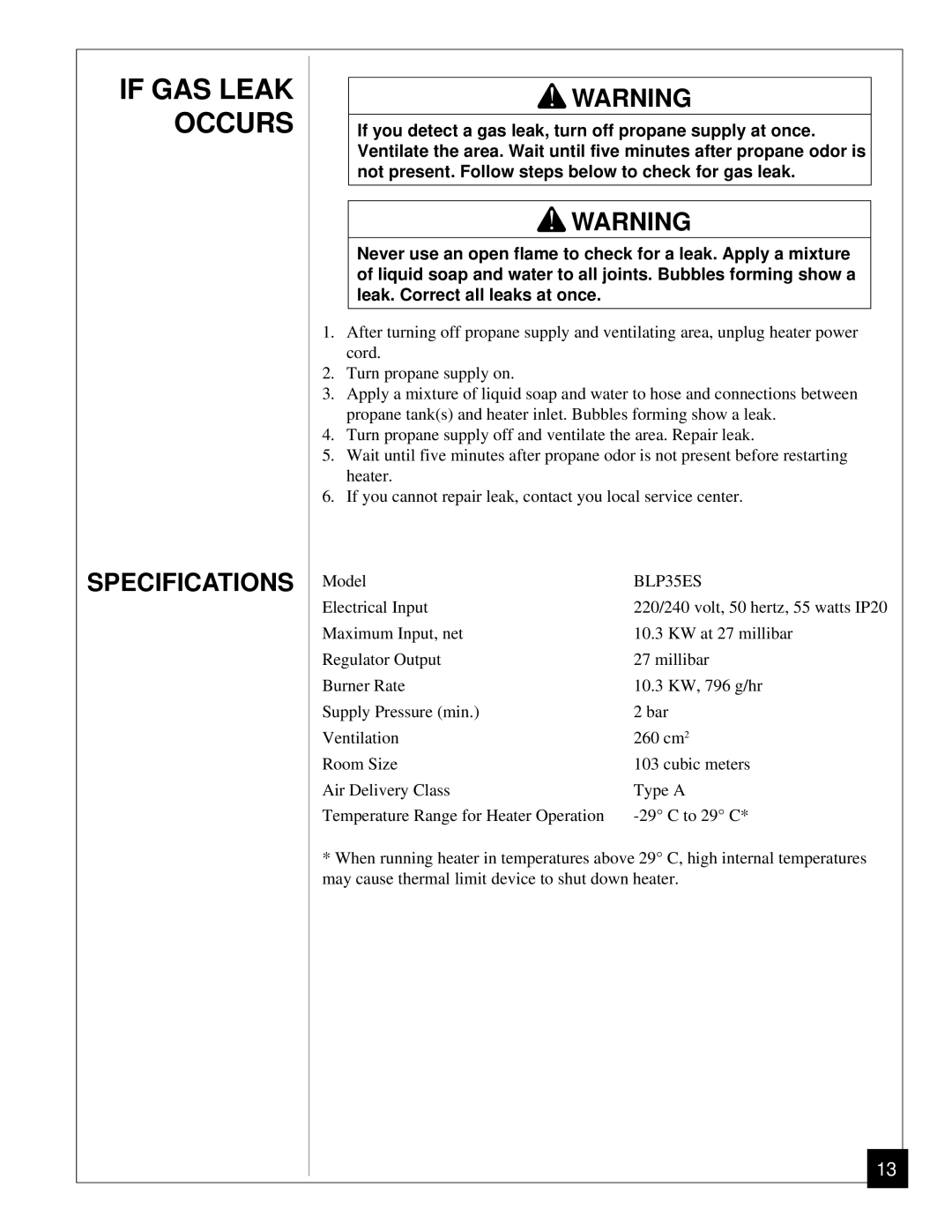 Desa BLP35ES owner manual If GAS Leak Occurs 