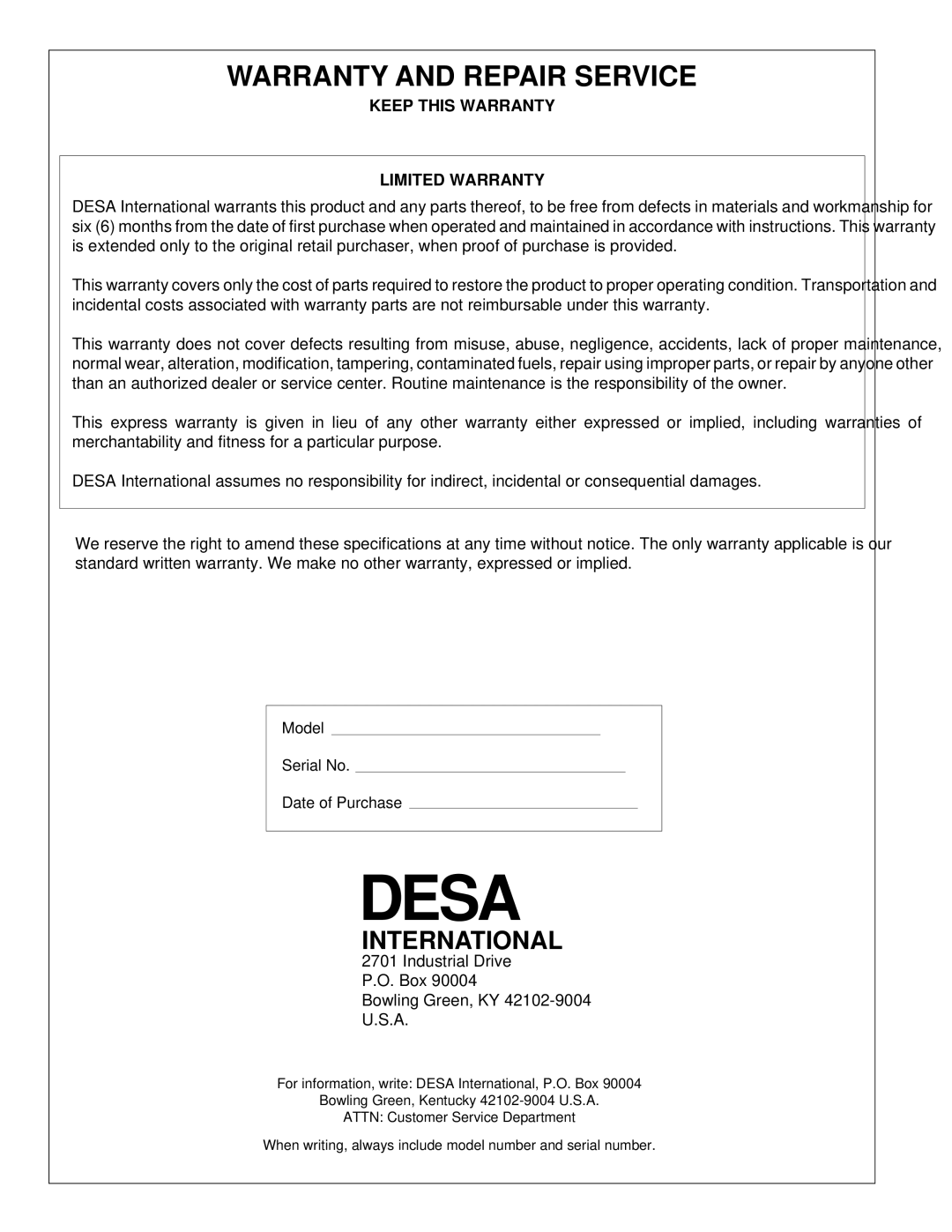 Desa BLP35ES owner manual Warranty and Repair Service, Keep this Warranty Limited Warranty 