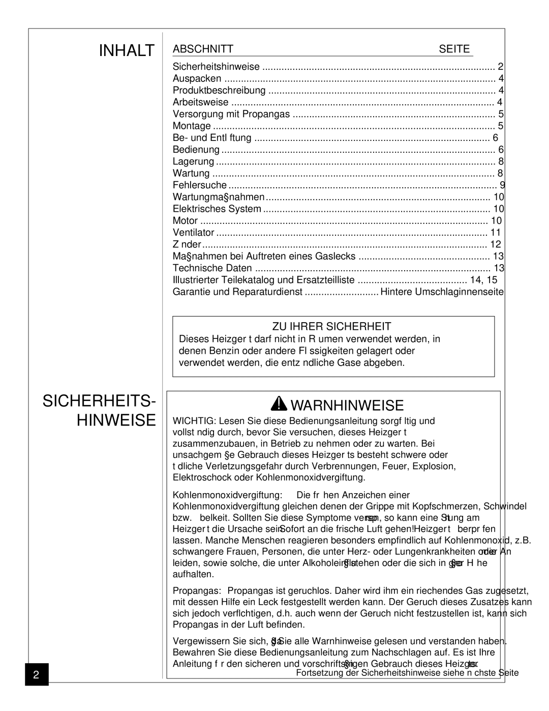 Desa BLP35ES owner manual Inhalt SICHERHEITS- Hinweise, Abschnitt Seite 