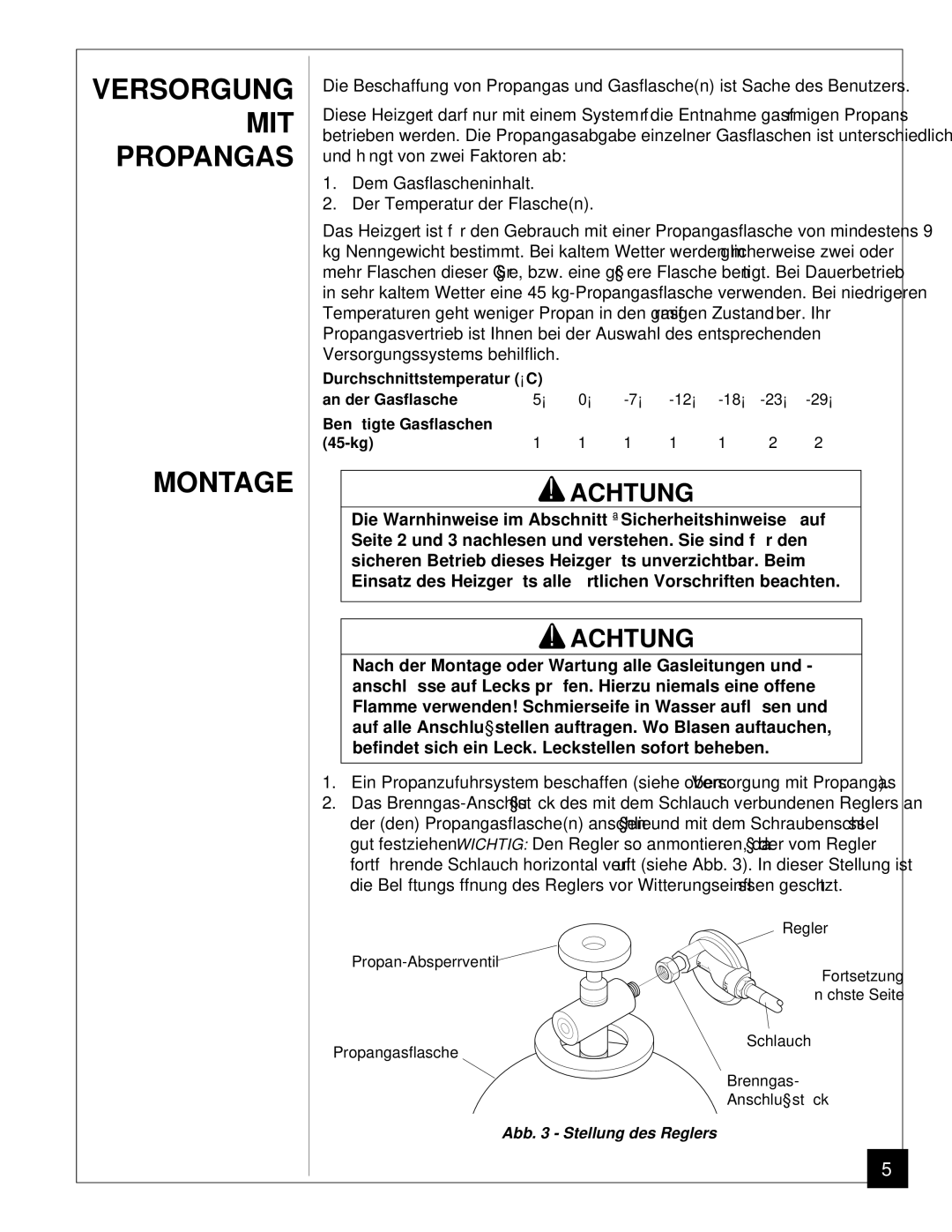 Desa BLP35ES owner manual Versorgung MIT Propangas Montage, Achtung 