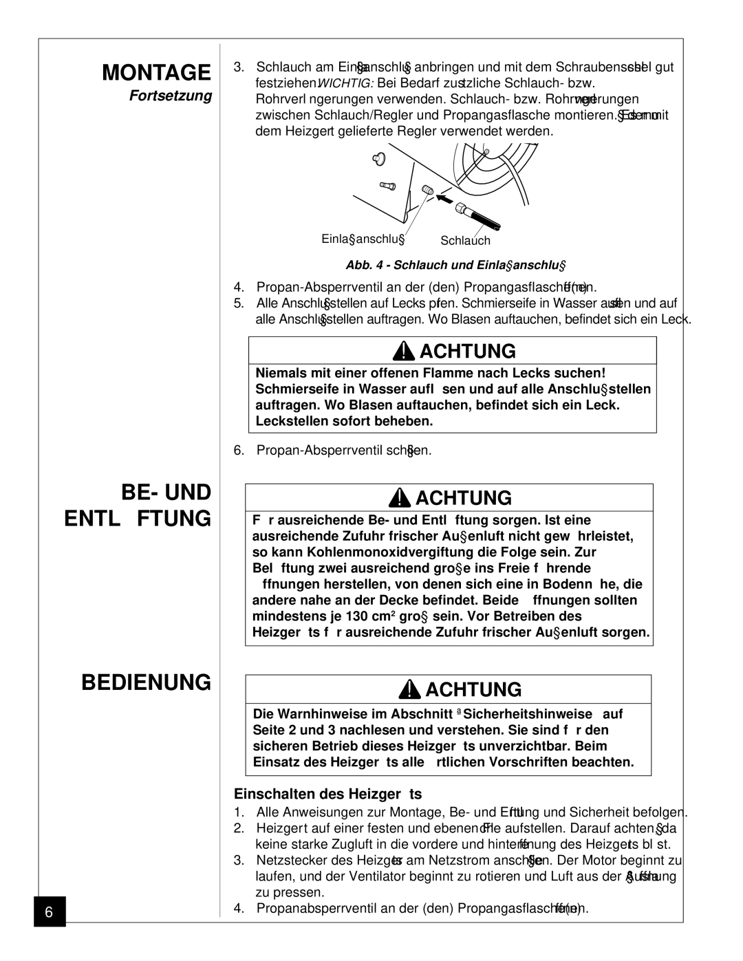 Desa BLP35ES owner manual Bedienung, Einschalten des Heizgerä ts 