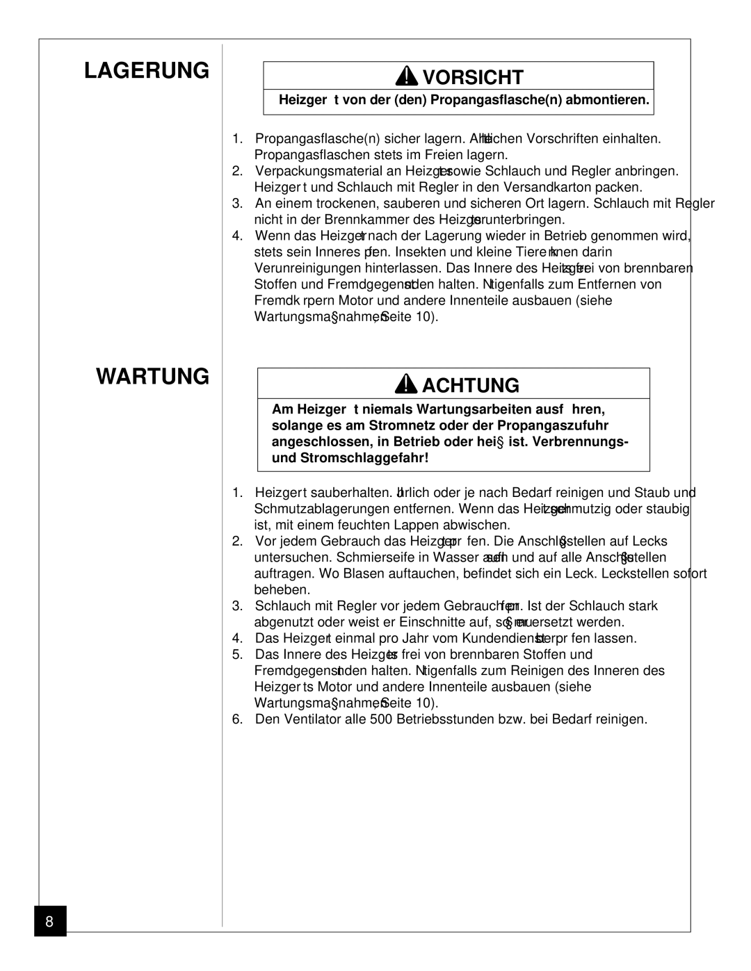 Desa BLP35ES owner manual Lagerung Wartung, Vorsicht 