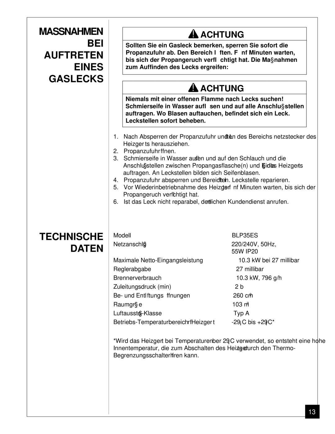 Desa BLP35ES owner manual Technische Daten 