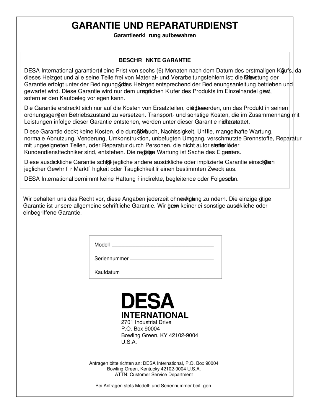 Desa BLP35ES owner manual Garantie UND Reparaturdienst 