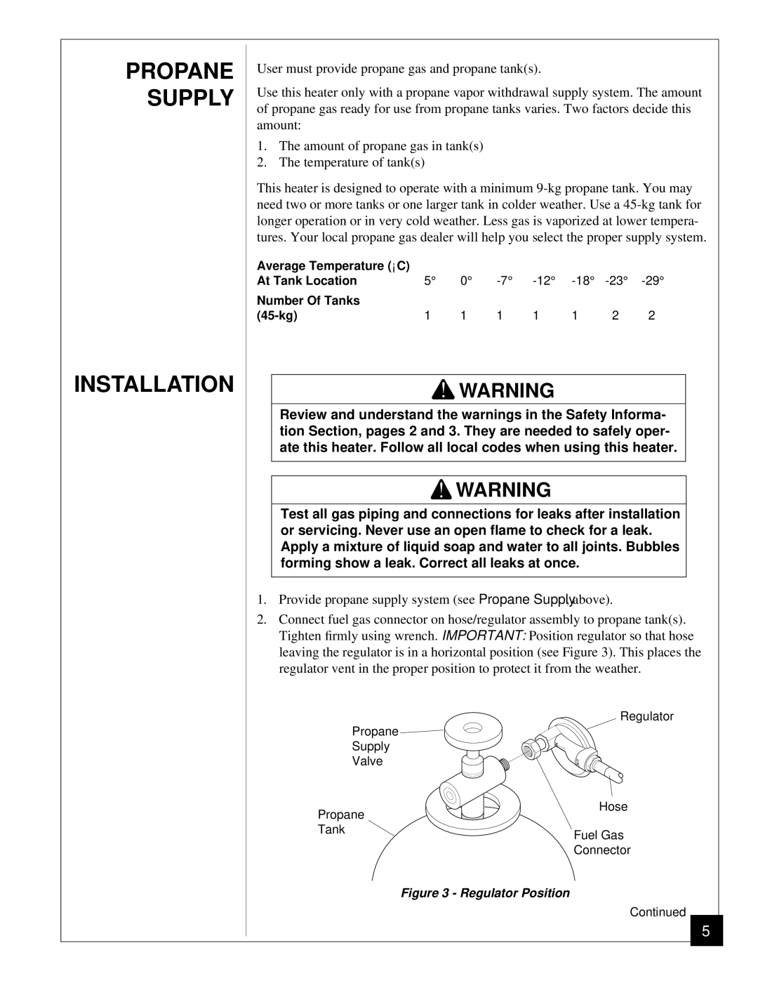 Desa BLP35ES owner manual Propane Supply Installation, Regulator Position 