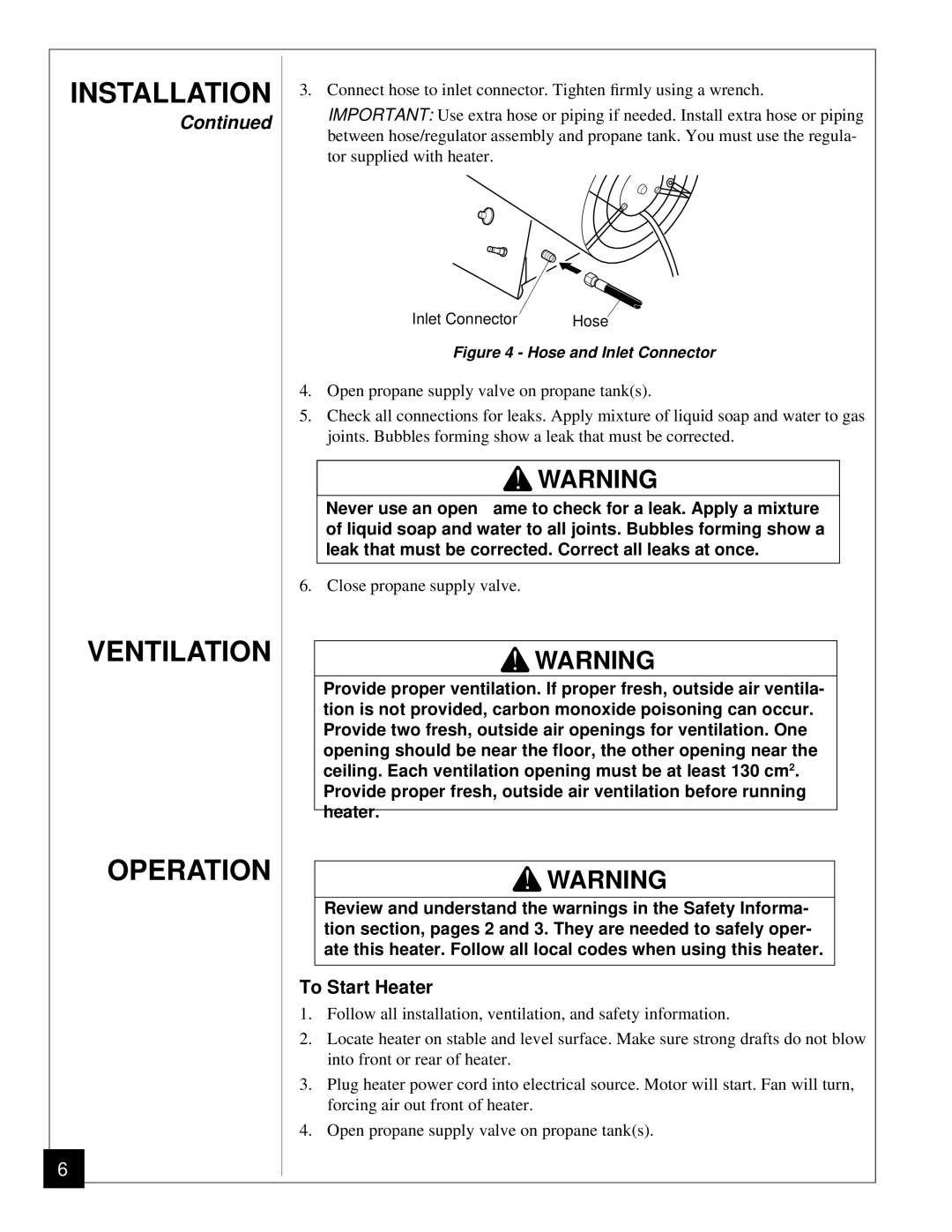 Desa BLP35ES owner manual Installation Ventilation Operation, To Start Heater 