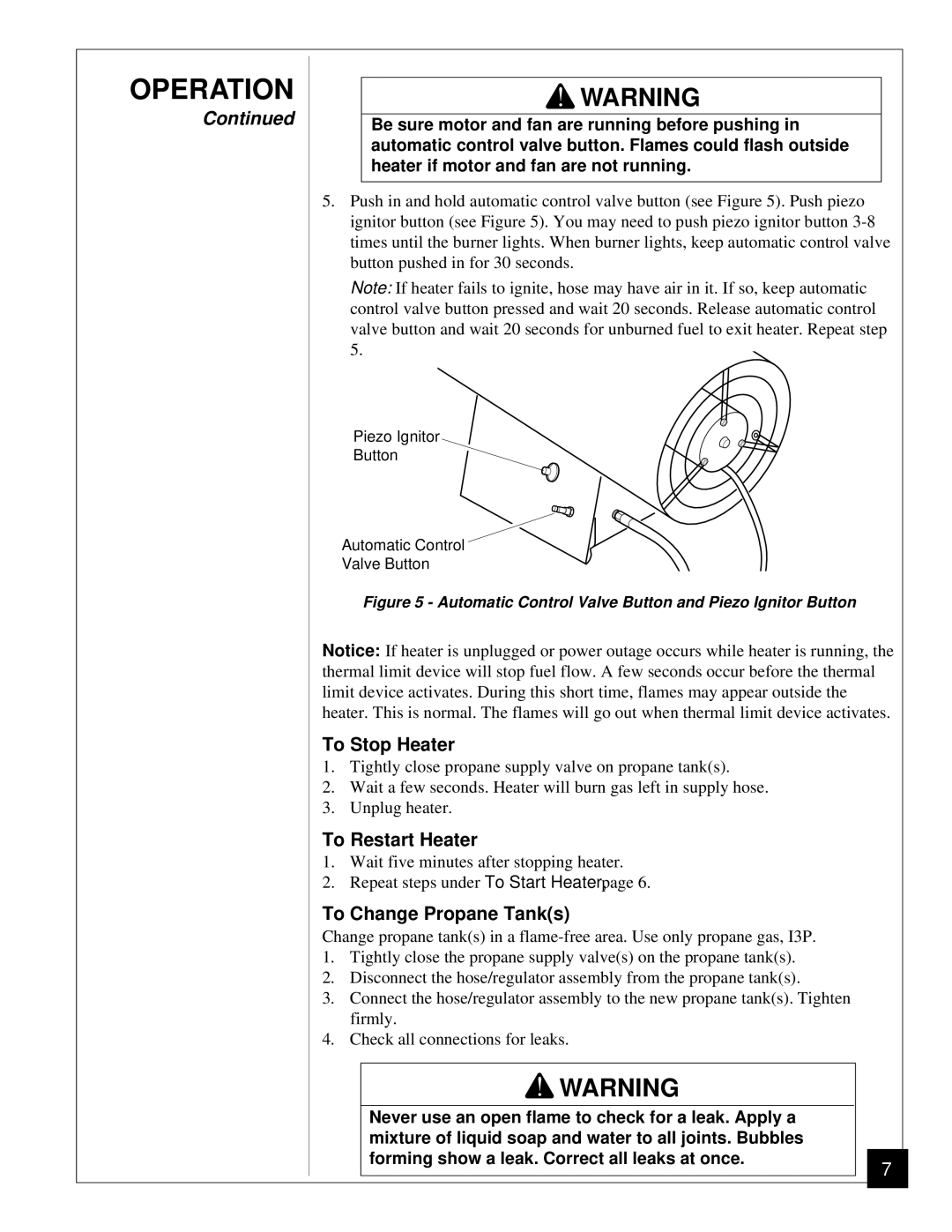 Desa BLP35ES owner manual To Stop Heater, To Restart Heater, To Change Propane Tanks 