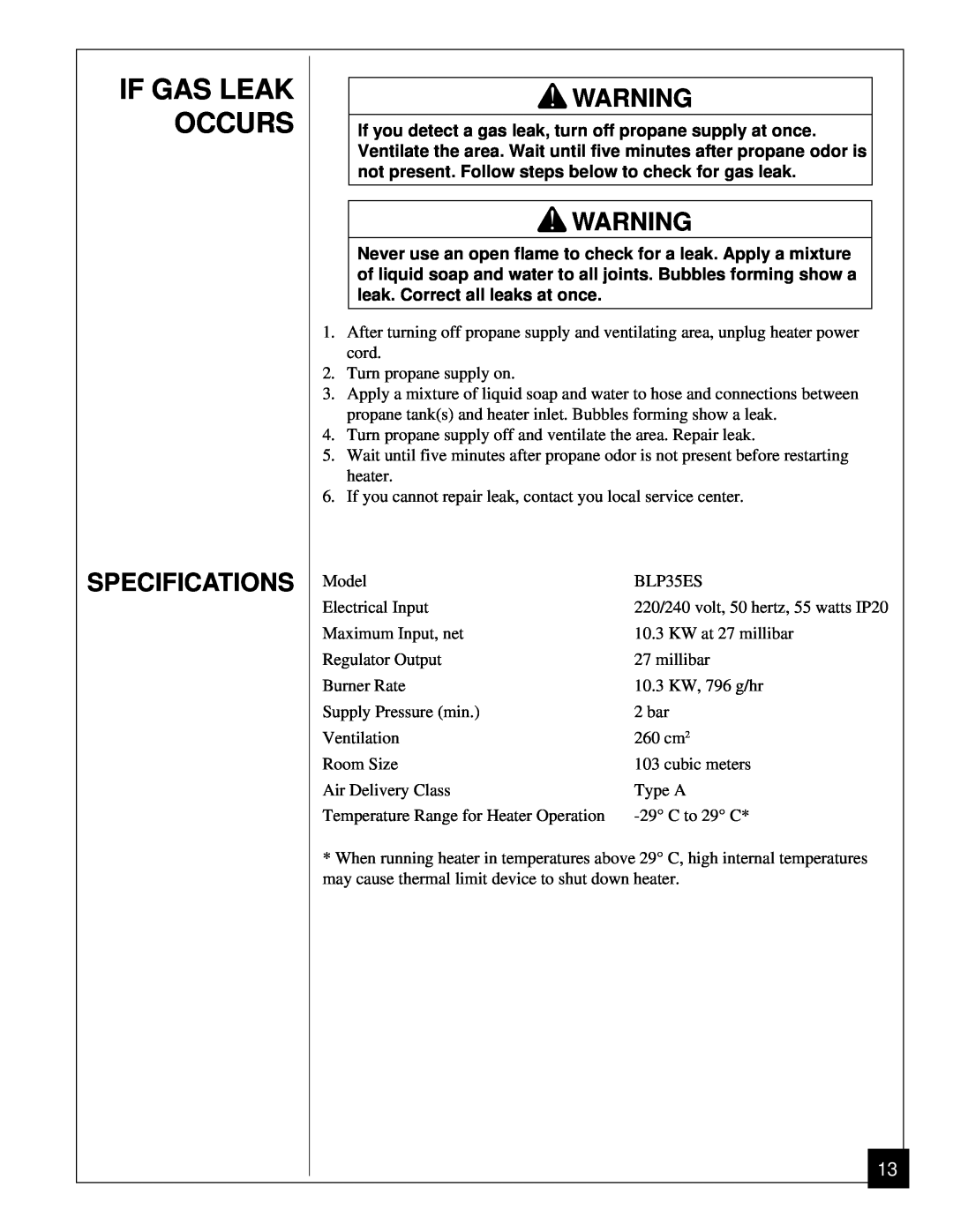 Desa BLP35ES owner manual If Gas Leak Occurs, Specifications 
