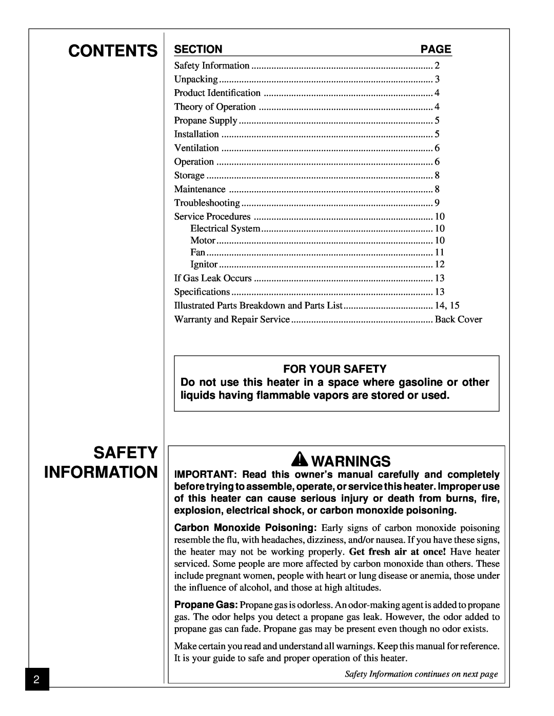 Desa BLP35ES owner manual Contents Safety Information, Warnings, Section, Page, For Your Safety 