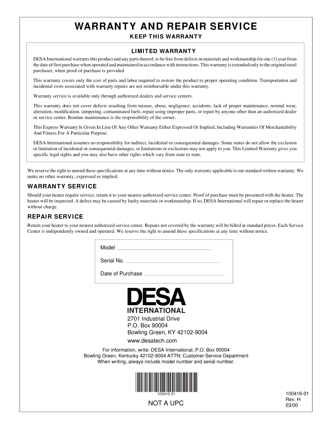 Desa BLP375A, RLP375A owner manual Warranty and Repair Service 