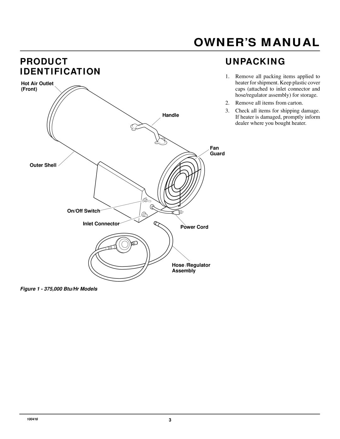 Desa RLP375A, BLP375A owner manual Product Identification Unpacking, 375,000 Btu/Hr Models 