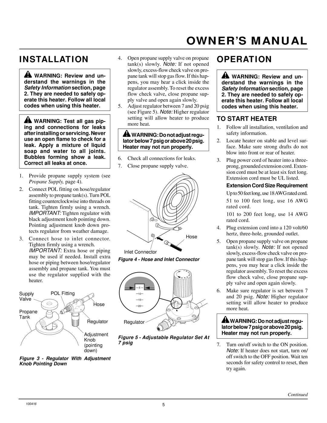 Desa RLP375A, BLP375A owner manual Installation, Operation, To Start Heater 