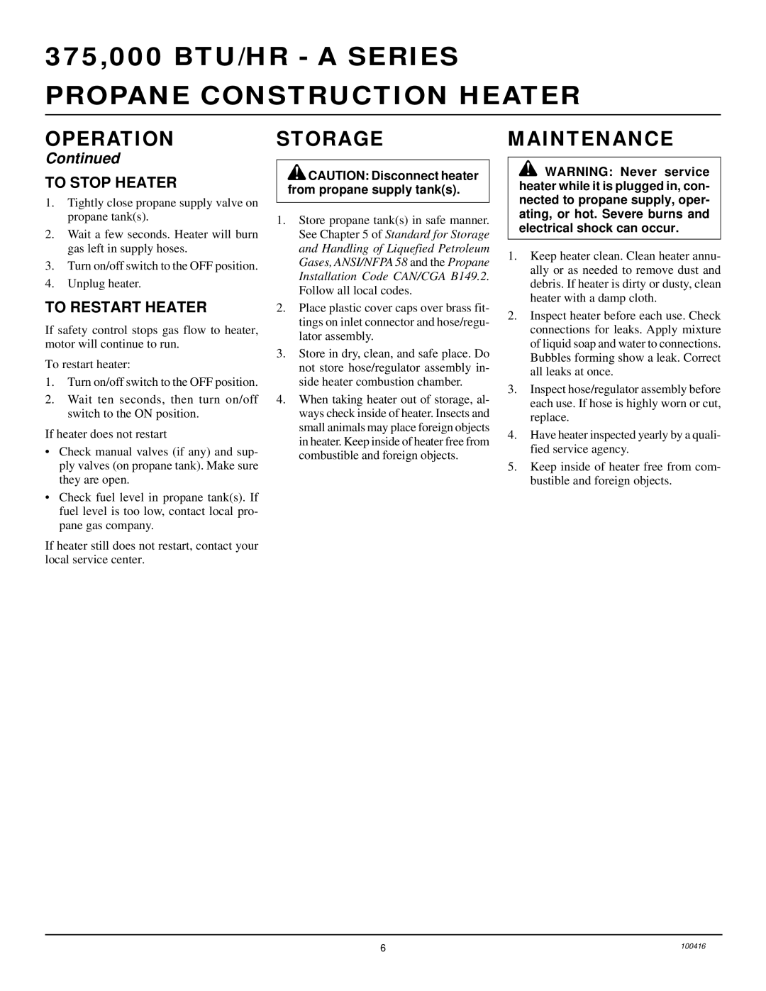 Desa BLP375A, RLP375A owner manual Storage, Maintenance, To Stop Heater, To Restart Heater 