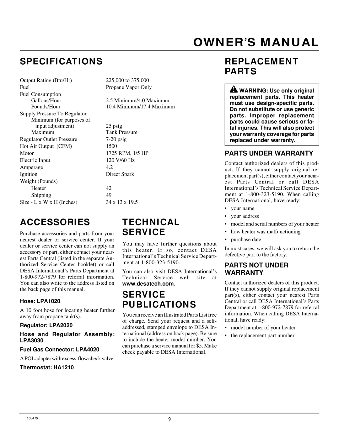 Desa RLP375A, BLP375A owner manual Specifications, Replacement Parts, Accessories, Technical Service, Service Publications 