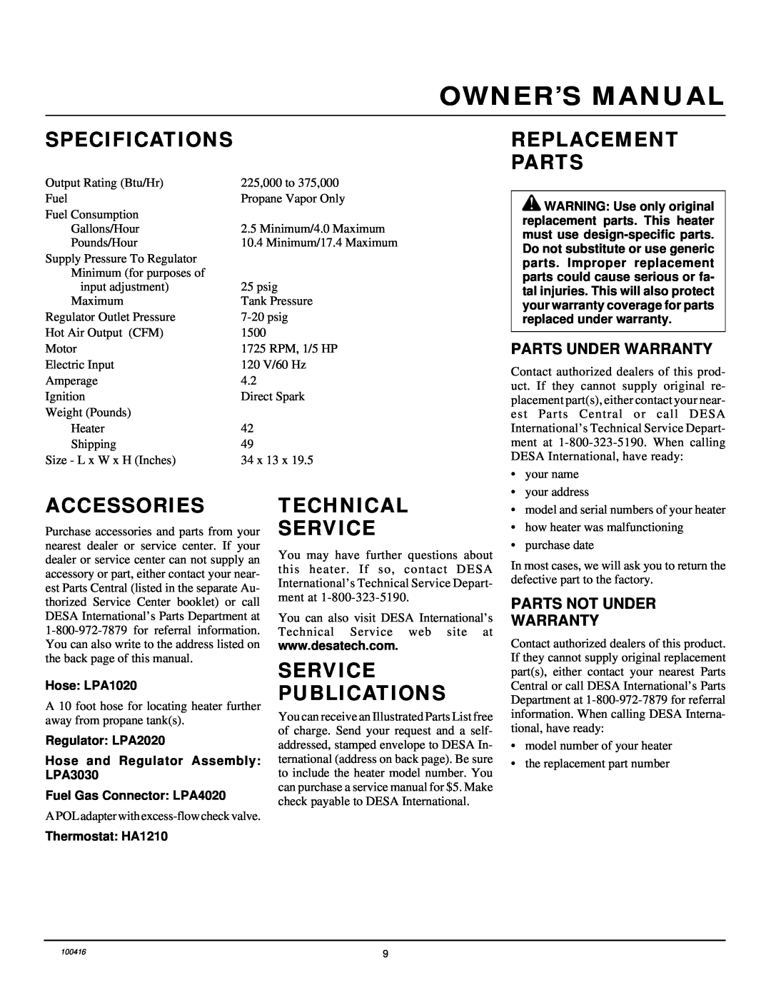 Desa RLP375A Specifications, Replacement Parts, Accessories, Technical Service, Service Publications, Hose LPA1020 