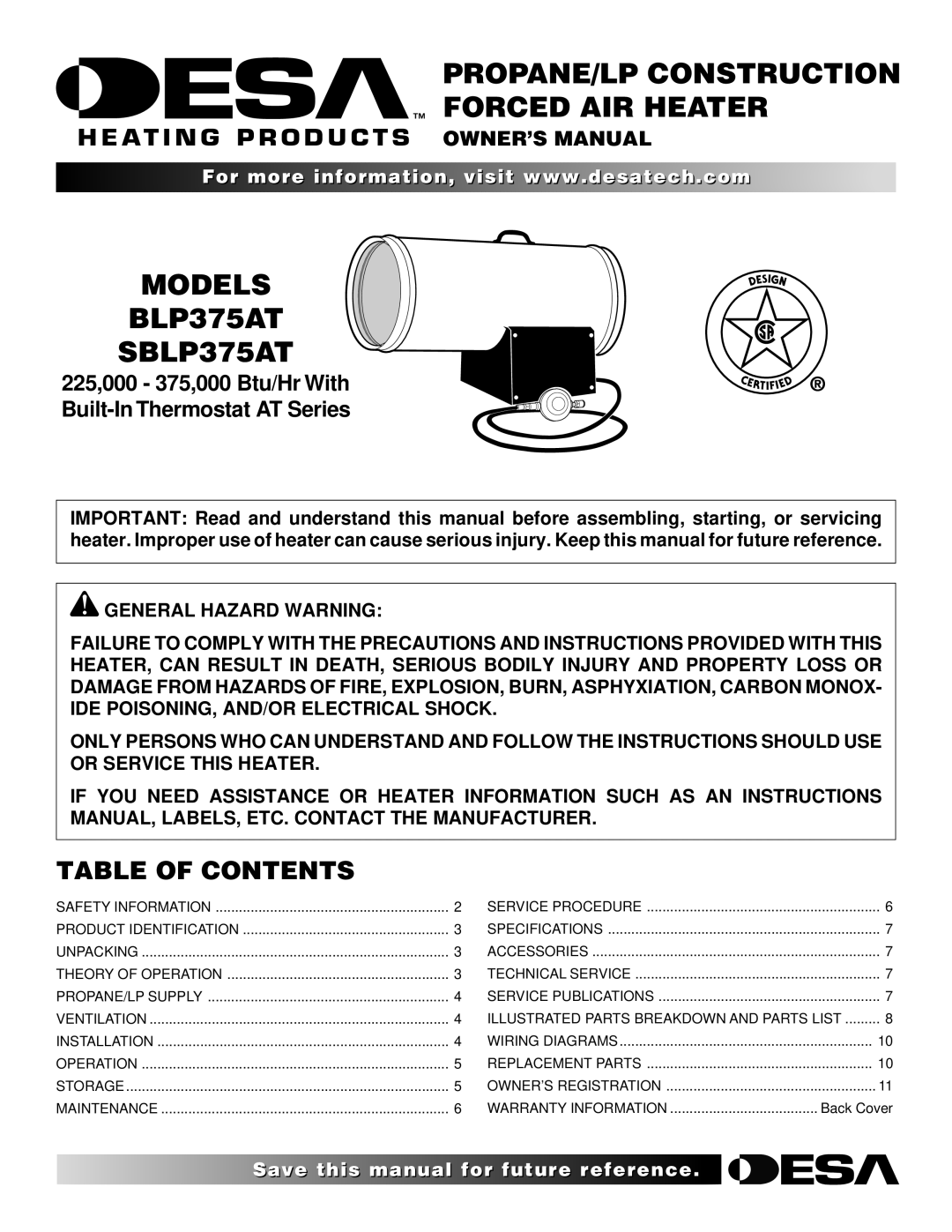 Desa owner manual Models BLP375AT SBLP375AT, Table of Contents 