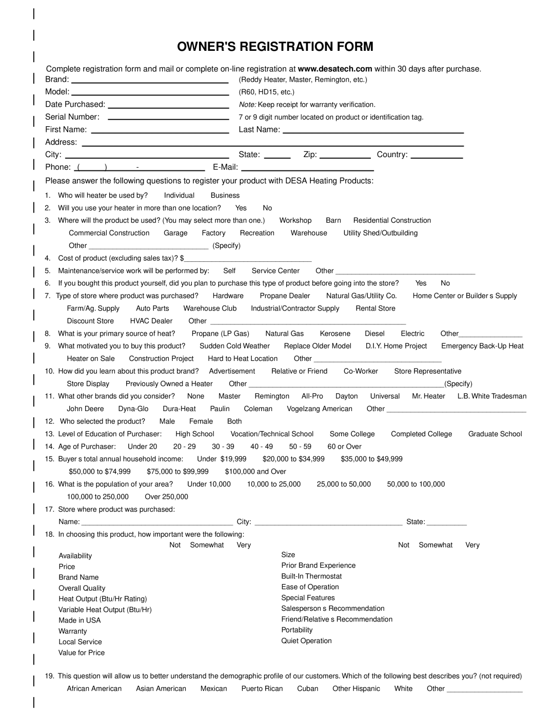 Desa BLP375AT owner manual Owners Registration Form 