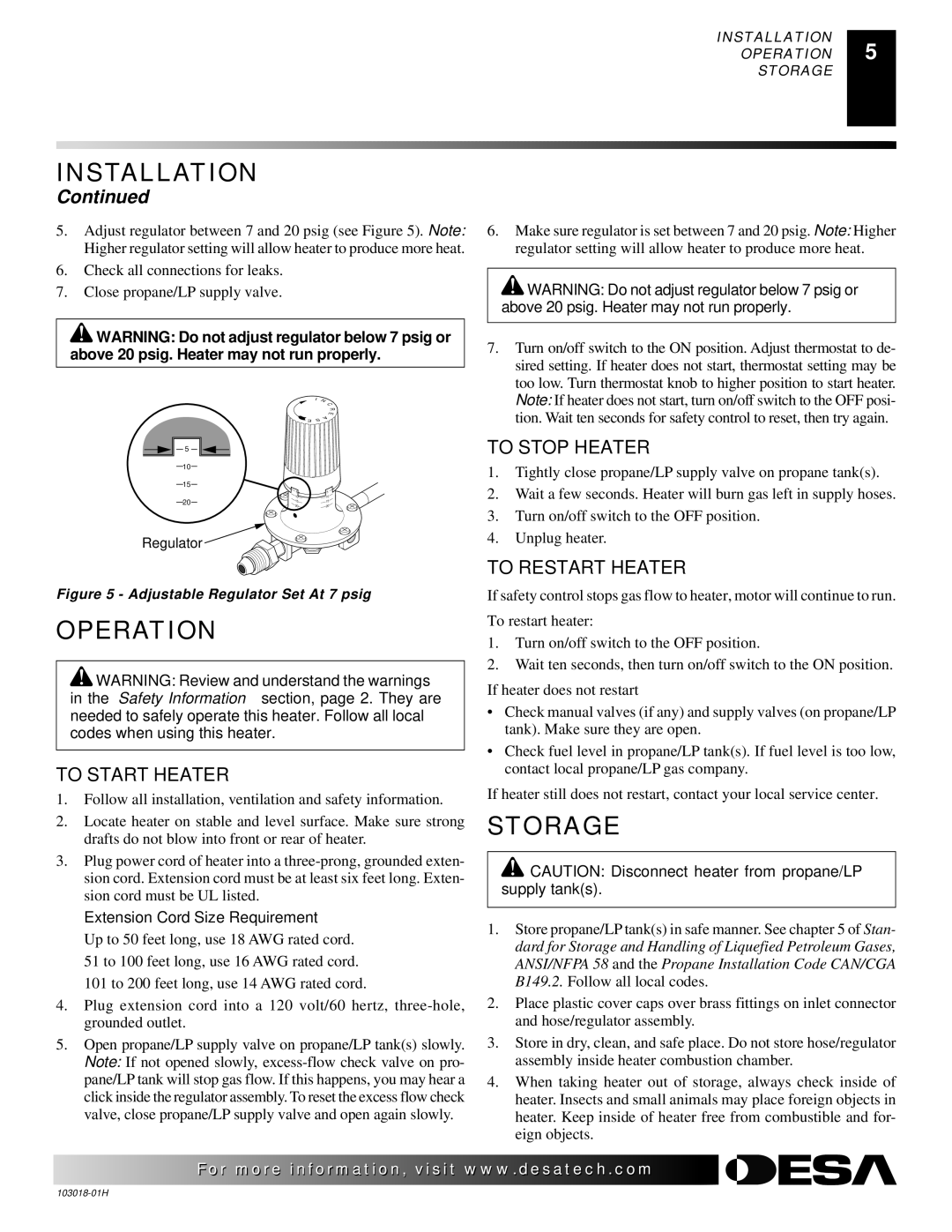 Desa BLP375AT owner manual Operation, Storage, To Start Heater, To Stop Heater, To Restart Heater 