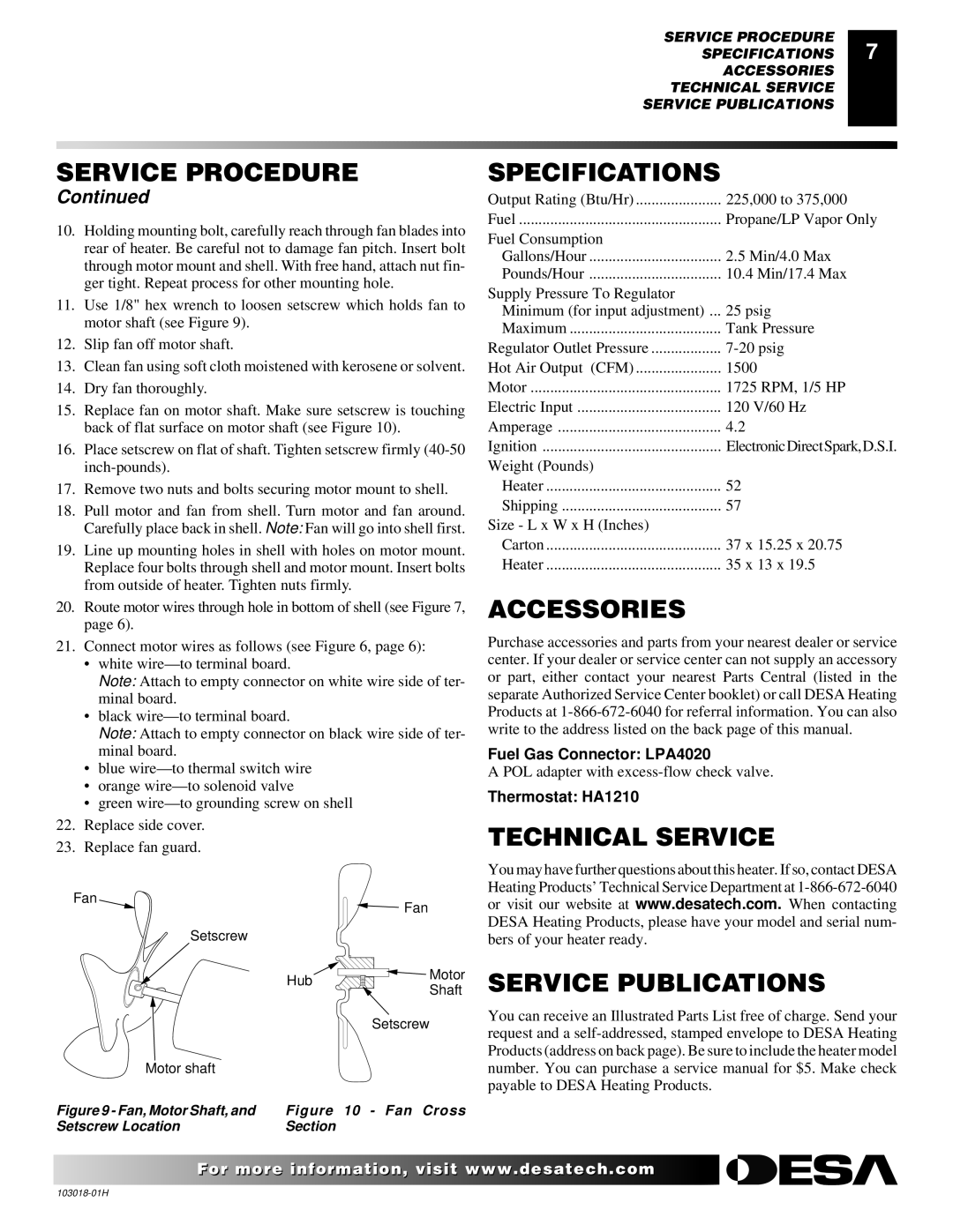 Desa BLP375AT owner manual Specifications, Accessories, Technical Service Service Publications 