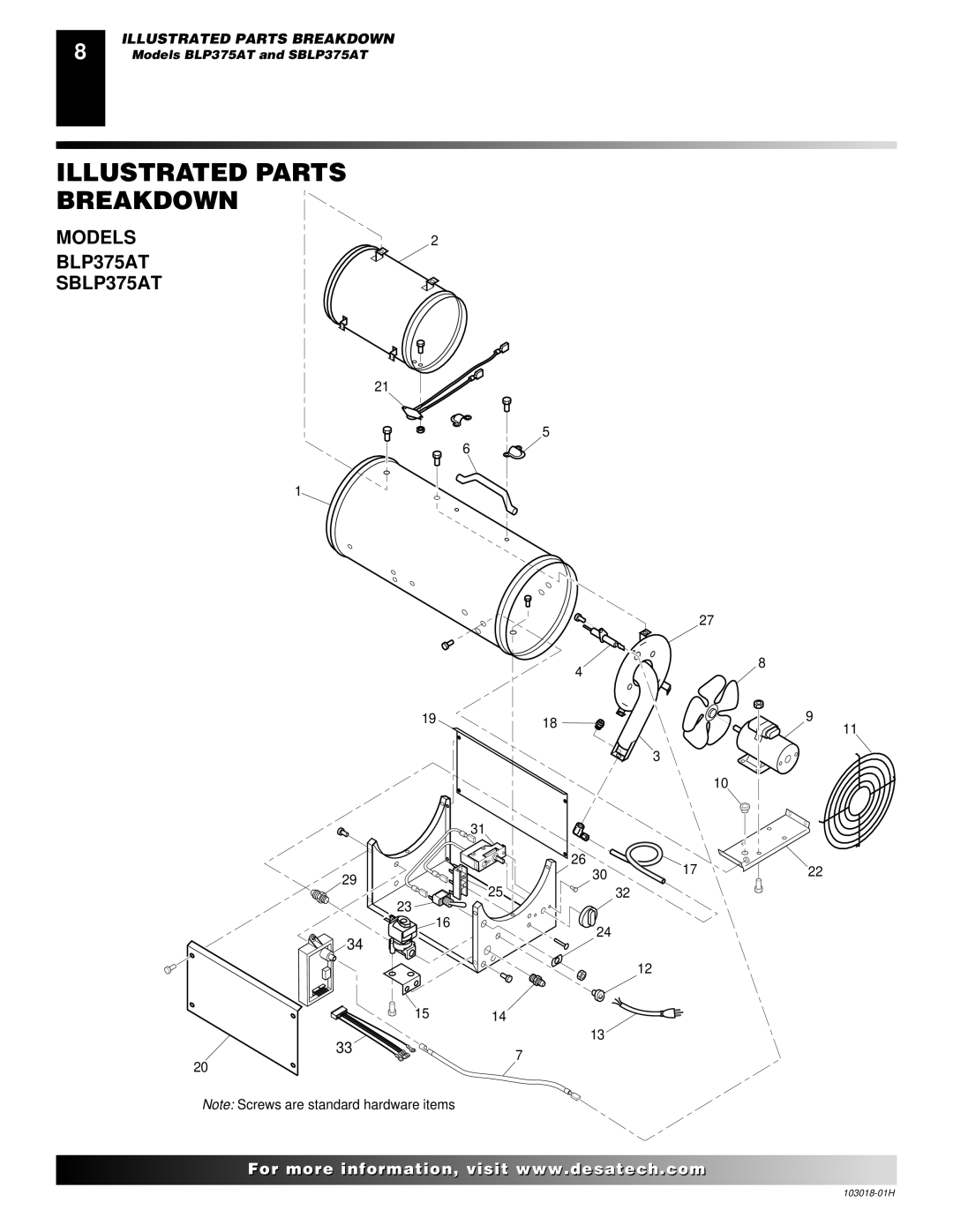 Desa owner manual Illustrated Parts Breakdown, Models BLP375AT SBLP375AT 