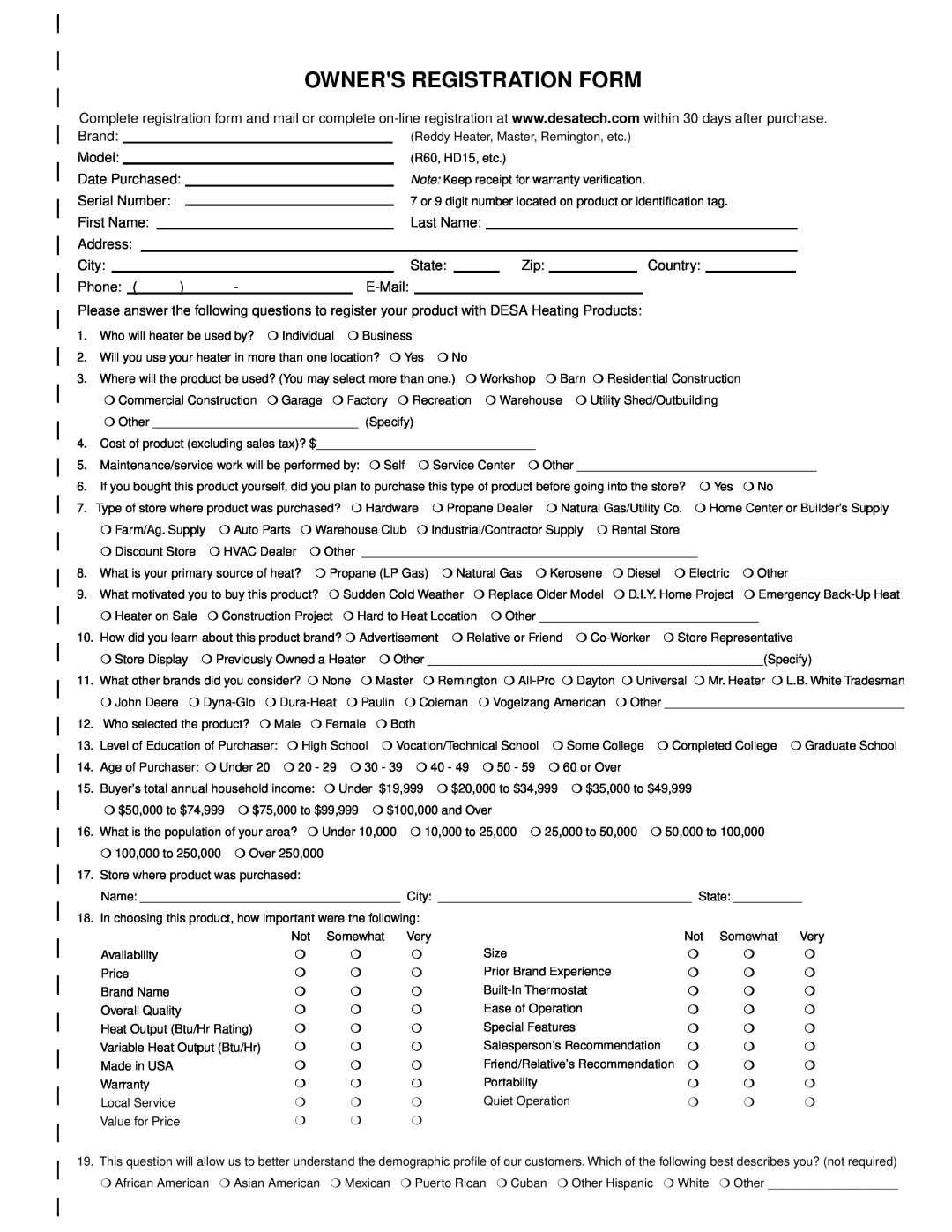 Desa BLP375AT owner manual Owners Registration Form 