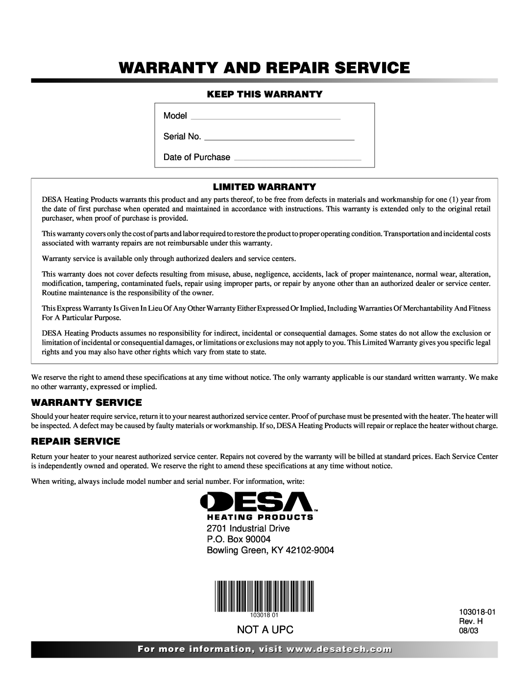 Desa BLP375AT owner manual Warranty And Repair Service, Not A Upc, Warranty Service, Keep This Warranty, Limited Warranty 