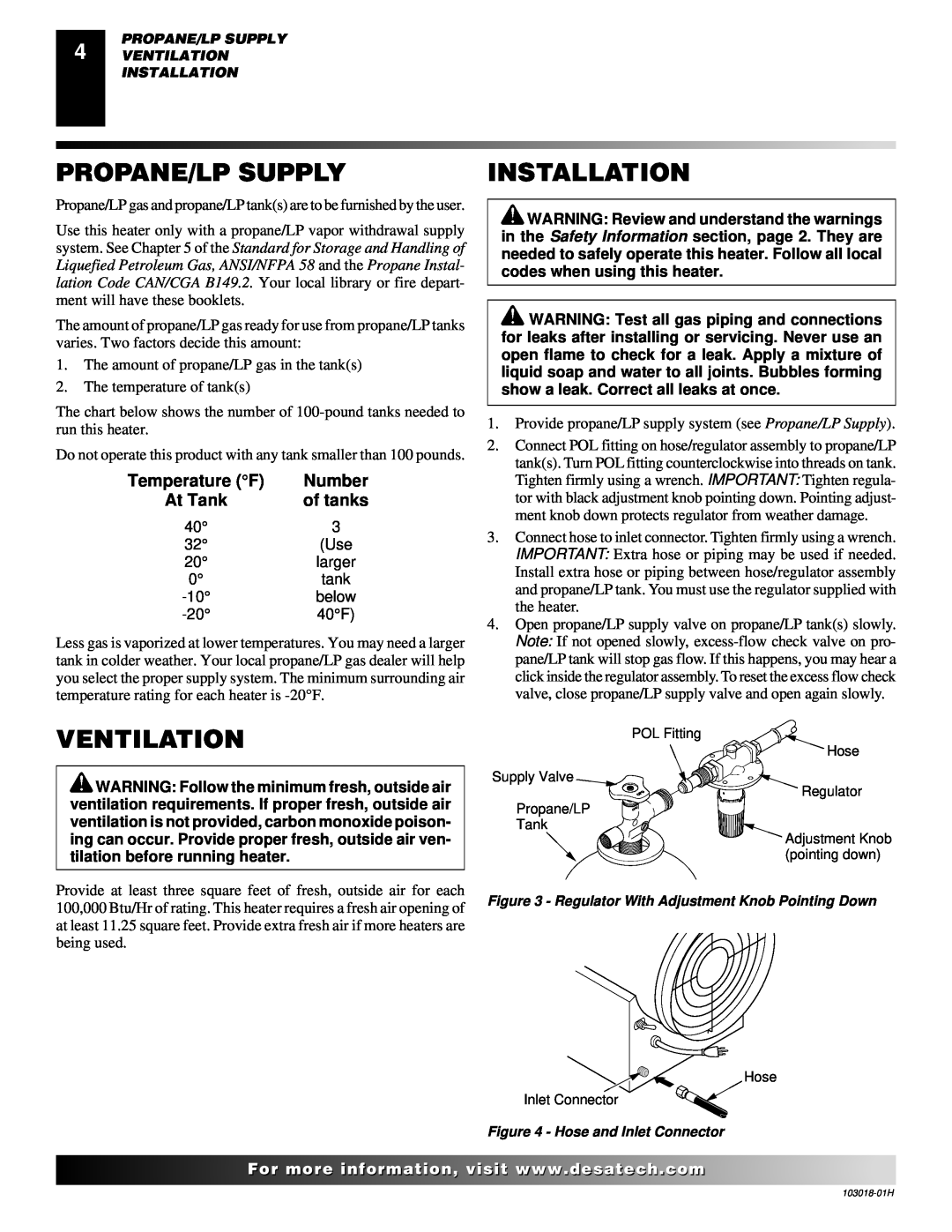 Desa BLP375AT owner manual Propane/Lp Supply, Ventilation, Installation, At Tank, of tanks, Number 