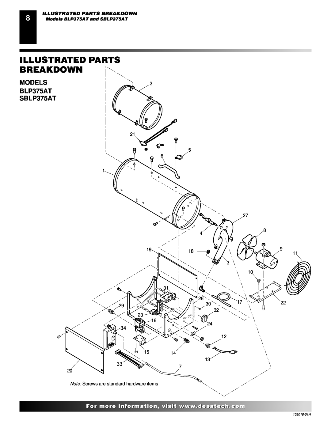Desa owner manual Illustrated Parts Breakdown, Models BLP375AT and SBLP375AT, 103018-01H 