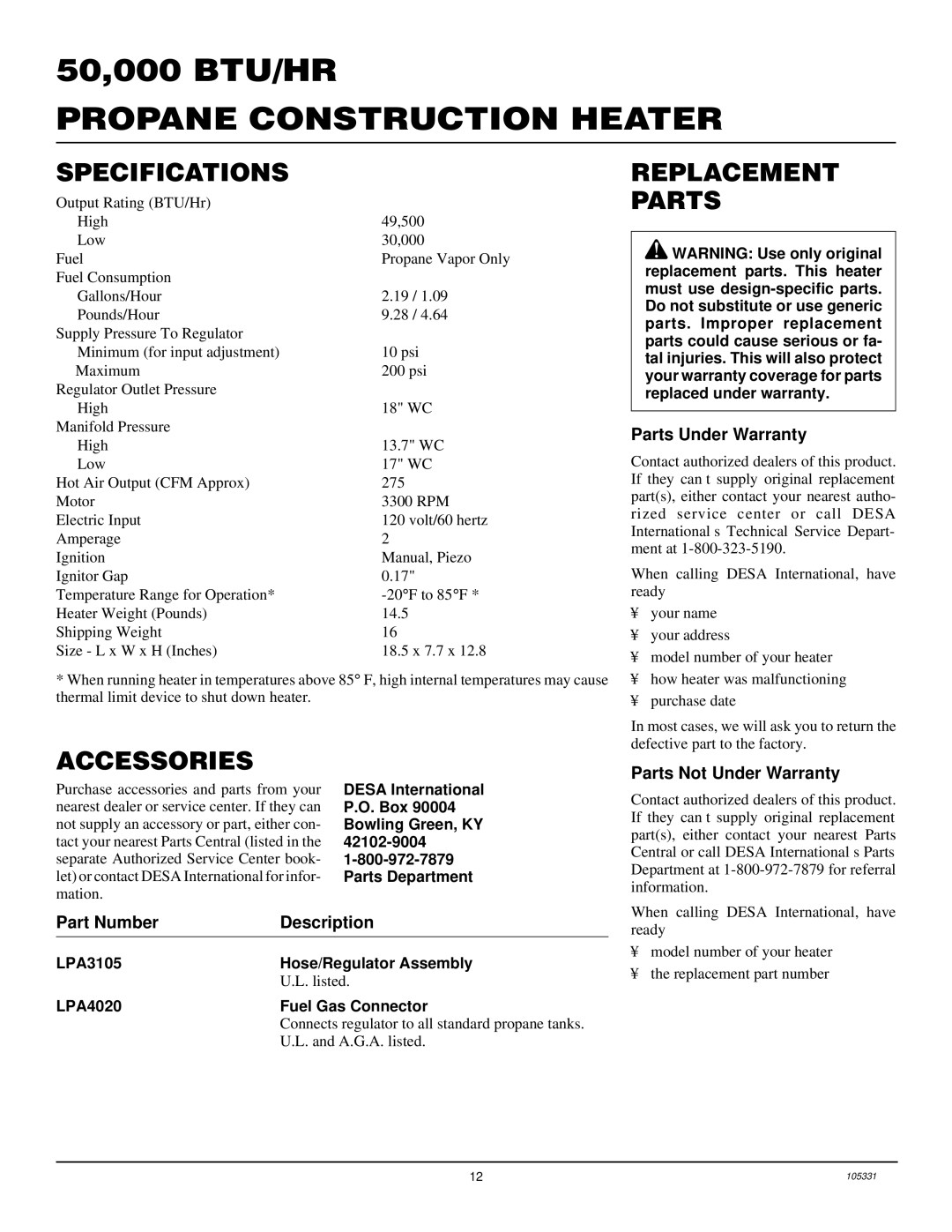 Desa BLP50VA, RLP50VA, REM50PVA owner manual Specifications, Accessories, Replacement Parts 