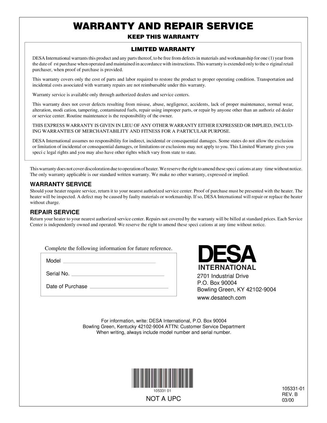 Desa REM50PVA, BLP50VA, RLP50VA owner manual Warranty and Repair Service 