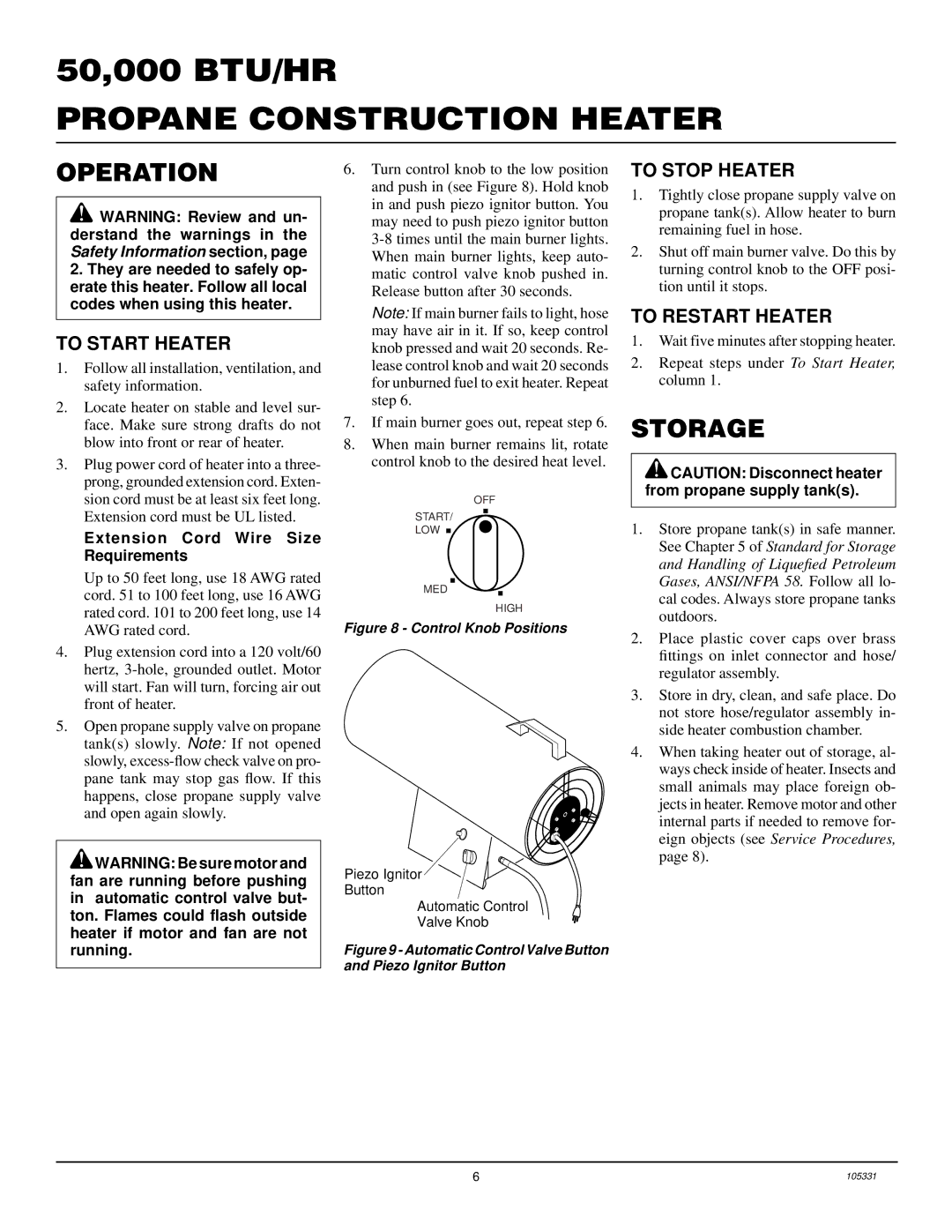 Desa BLP50VA, RLP50VA, REM50PVA owner manual Storage, To Start Heater, To Stop Heater, To Restart Heater 