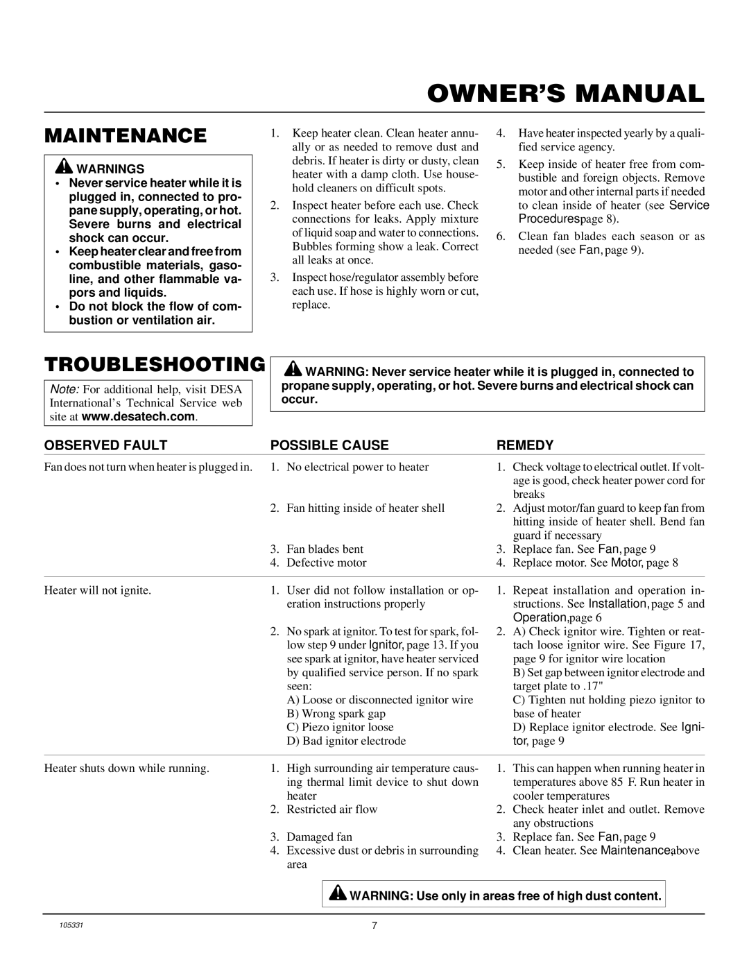 Desa RLP50VA, BLP50VA, REM50PVA owner manual Maintenance, Troubleshooting 