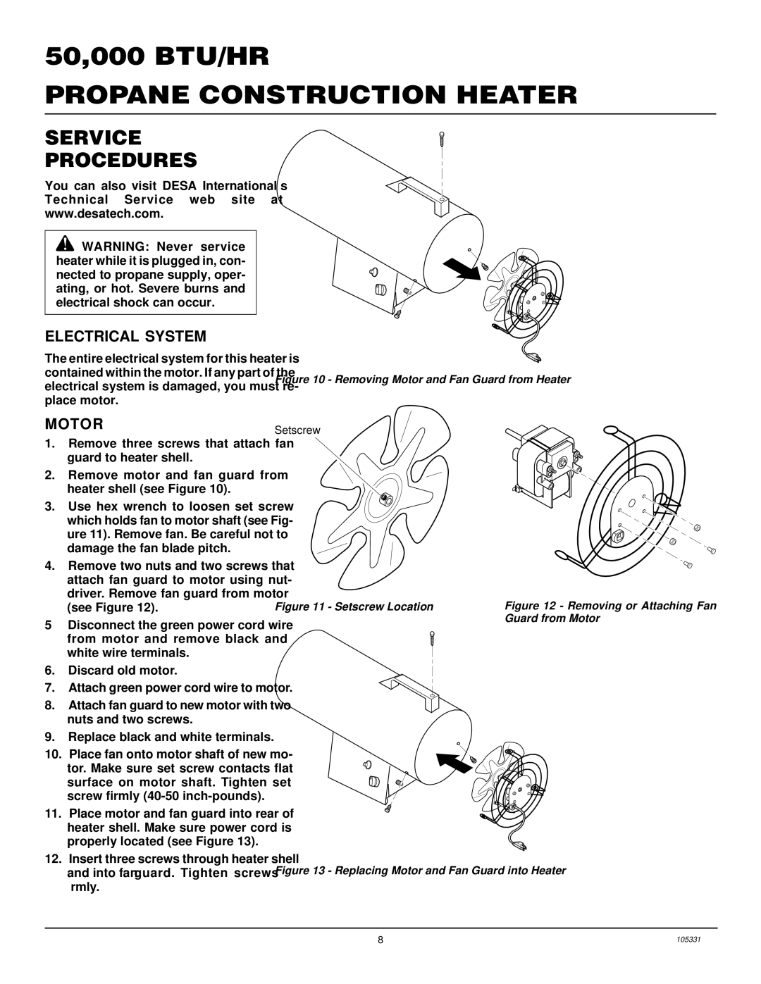 Desa REM50PVA, BLP50VA, RLP50VA owner manual Service Procedures, Electrical System, Motor 