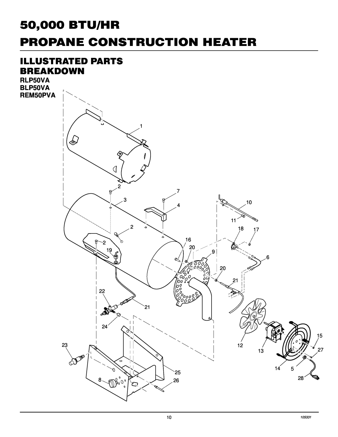 Desa owner manual Illustrated Parts Breakdown, 50,000 BTU/HR PROPANE CONSTRUCTION HEATER, RLP50VA BLP50VA REM50PVA 