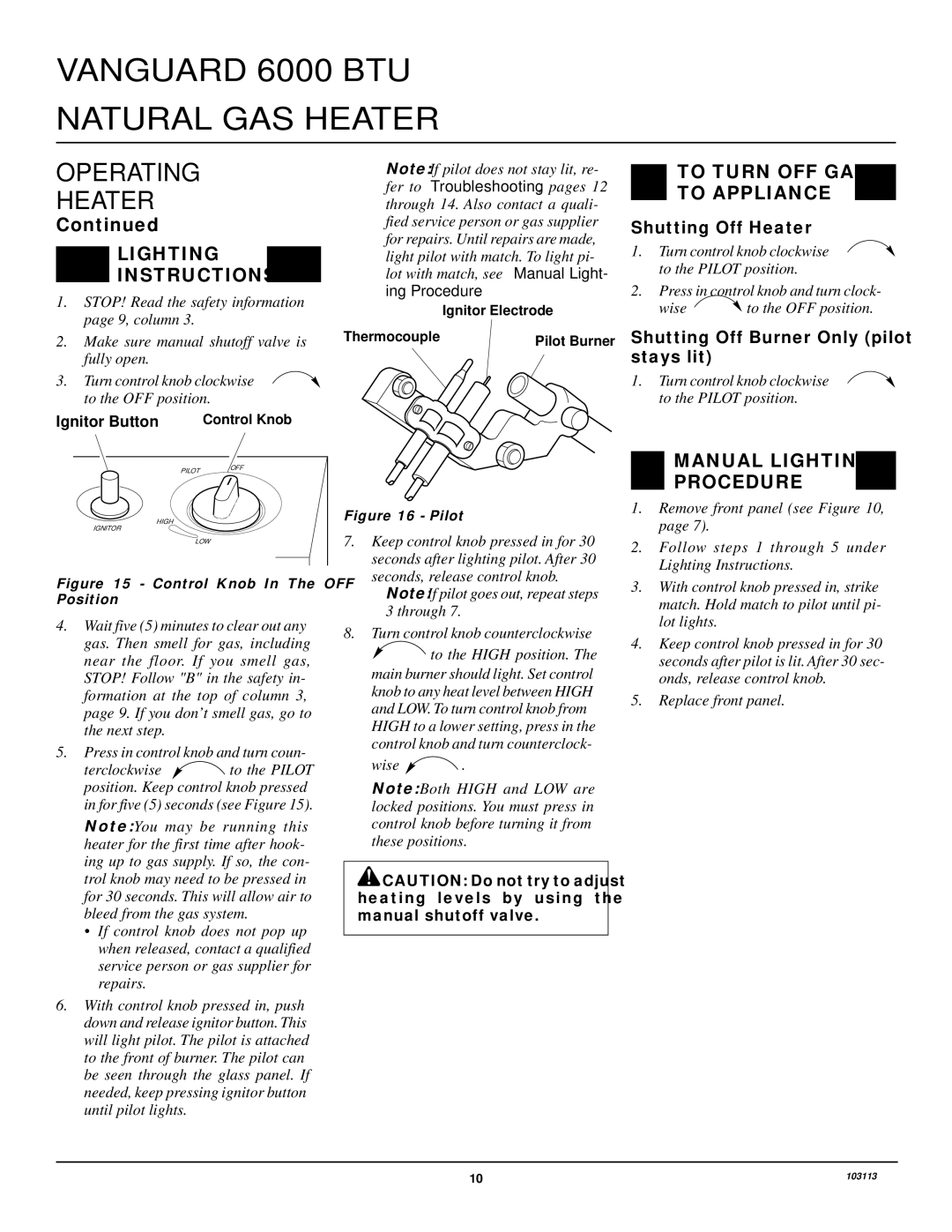 Desa BLUE FLAME VENT-FREE NATURAL GAS HEATER Lighting Instructions, To Turn OFF GAS To Appliance, Shutting Off Heater 